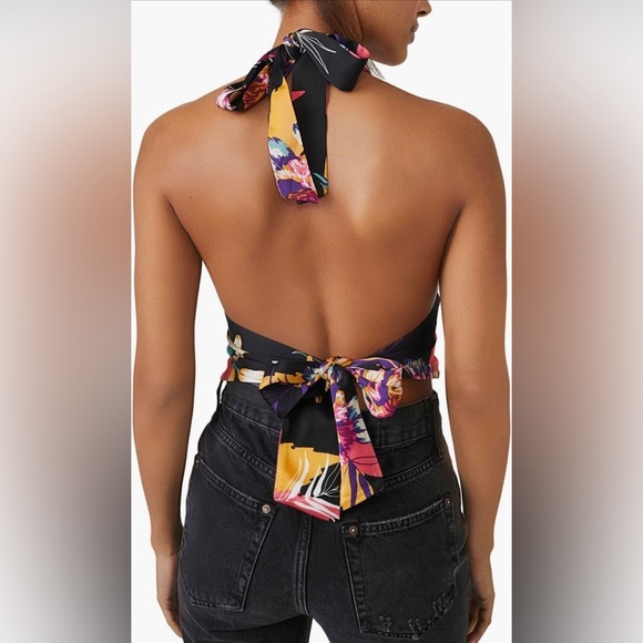 Free People Seraphina Floral Halter Top in Black Combo Multicolor Cropped Wrap - Picture 14 of 15
